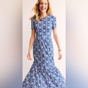 Boden Emma blu & wht prnt slght puff s/s maxi ruffl hem drss US SZ 6R UK SZ 10R